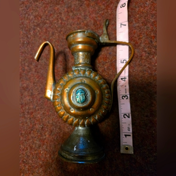 Vintage Egyptian Scarab Inlay Copper Kettle or Oil Decanter. - Picture 1 of 9